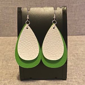 Handmade Faux Leather Earrings- Green & White
